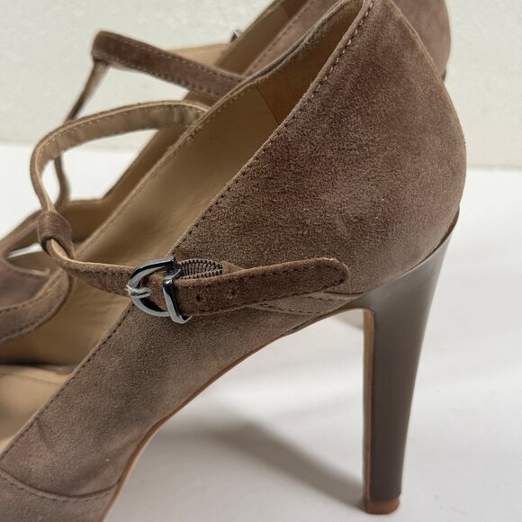 Kenneth Cole Platform Heels T-Strap Taupe Suede Peep Toe Heel Size 8.5 - Picture 3 of 14